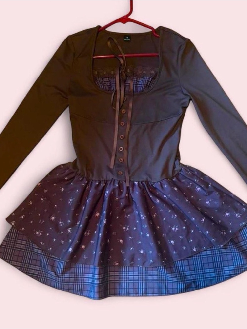 Brown Long-Sleeve Peplum Dress with Patterned Skirt